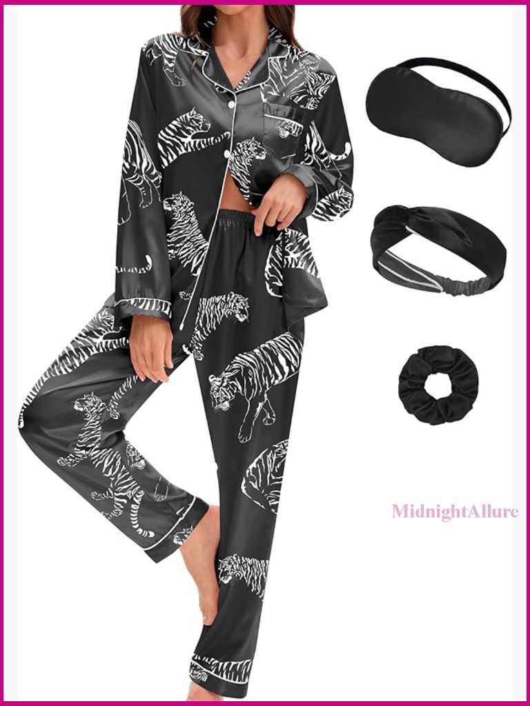 Silk Satin Pajama Set 5-Piece Long Sleeve V-Neck Button Down Sleepwear